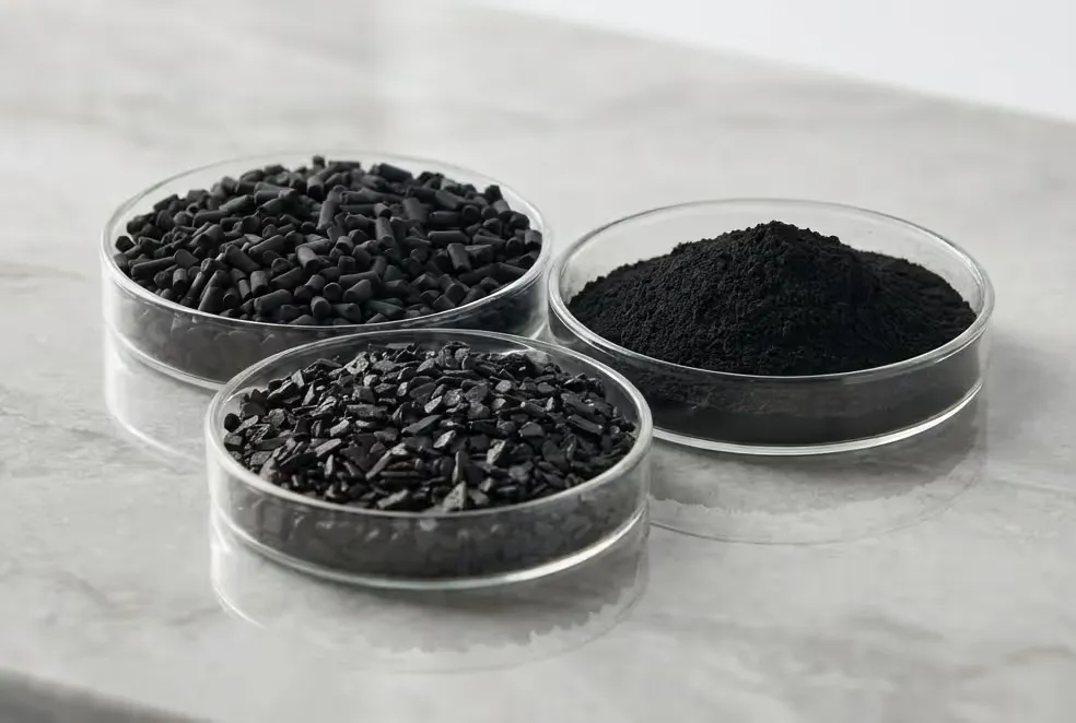 Granular, pelletized and powdered activated carbon samples
