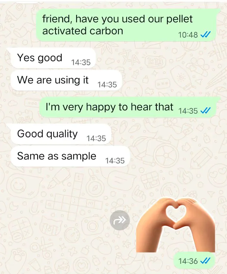 Customer feedback confirming pellet activated carbon quality