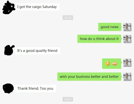 Customer feedback confirming cargo arrival and product quality