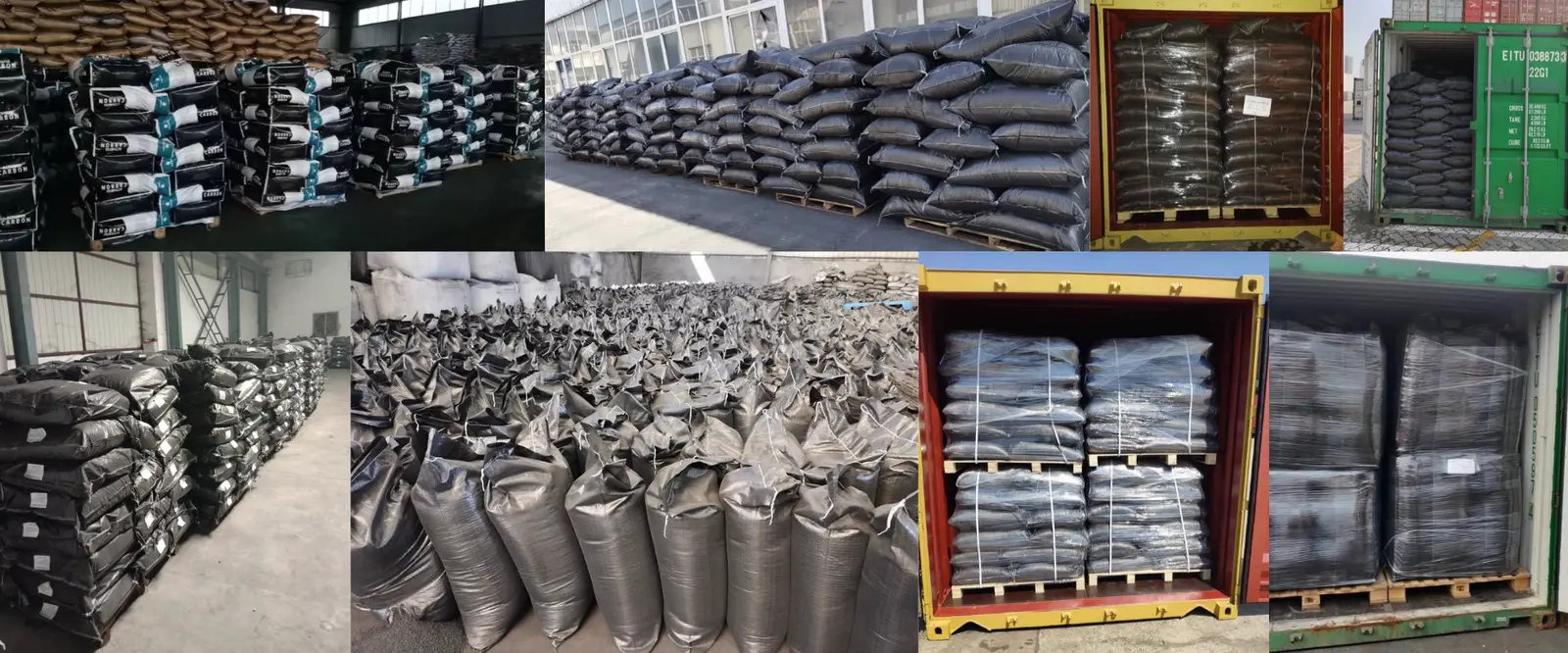 Bagged activated carbon stock and export container loading