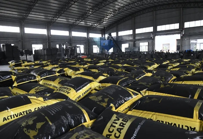 Branded activated carbon bags stored in the production facility